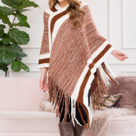 Riah Fashion Sweaters - Varsity Striped Fringe Edge Poncho